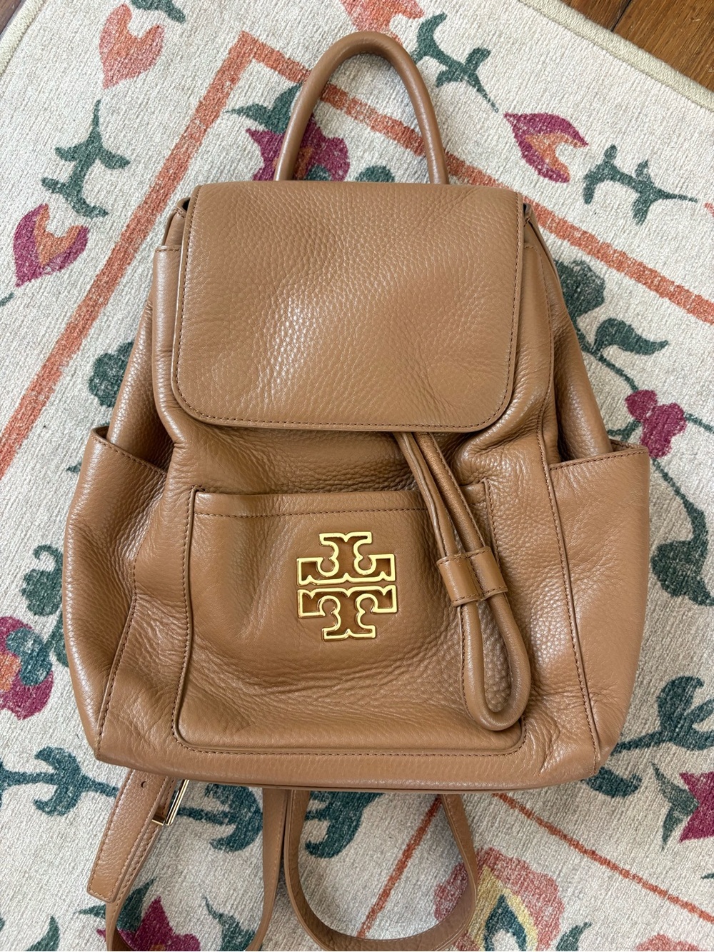 Tory Burch Caramel Brown Pebbled Leather Backpack with Gold Logo